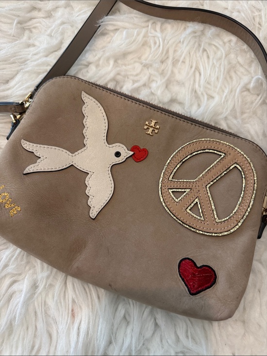 Tory Burch Handbags - Tory Burch Taupe Leather Crossbody with Dove, Peace & Red Heart Accents